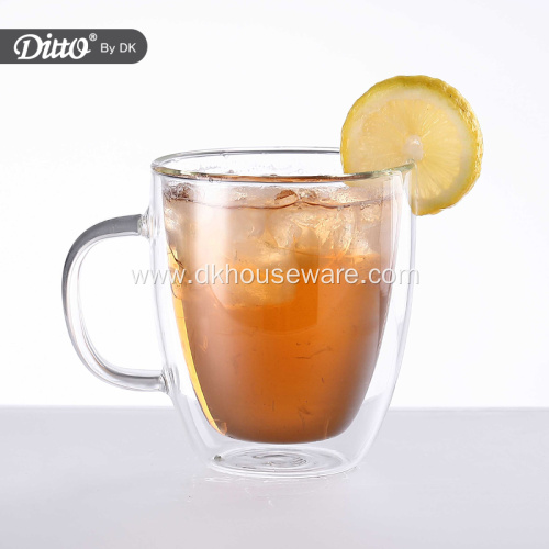 Double Wall Insulated Glass Water Cup with handle